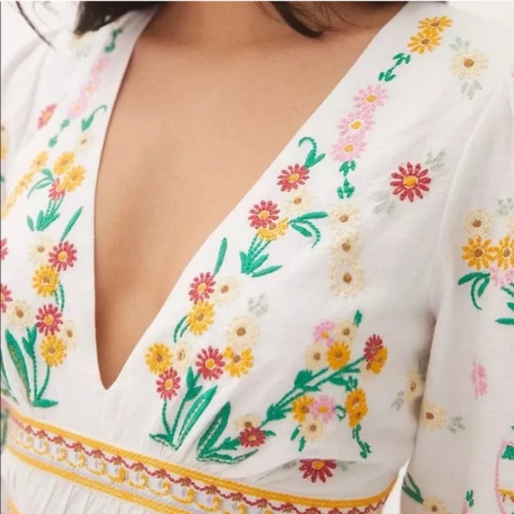 Anthropologie Deep-V Floral Embroidered Mini Dress Size 2XL White - Picture 7 of 13